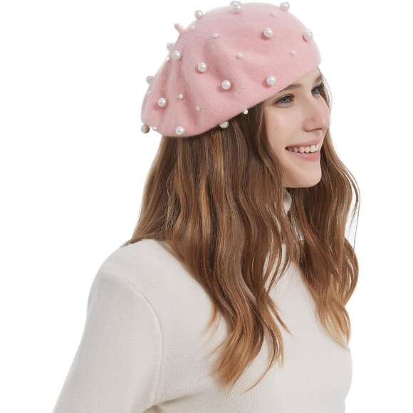Women Pearl Beret Soft Wool Beanie Elegant French Artist Style Cap - Picture 5 of 7